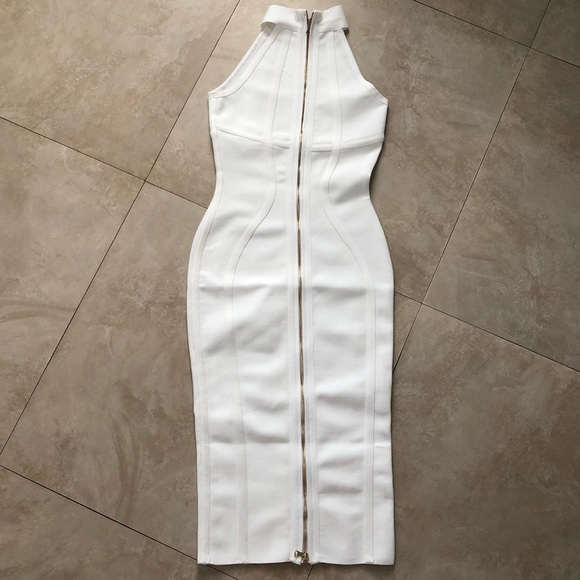 White Classy Sexy Midi Bodycon High Neck Dress - Picture 5 of 7